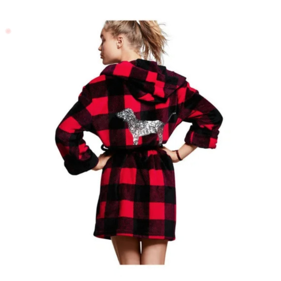 Victoria Secret PINK Buffalo Plaid Glam Sequin Robe - Black/Red - XS/S - Picture 1 of 10